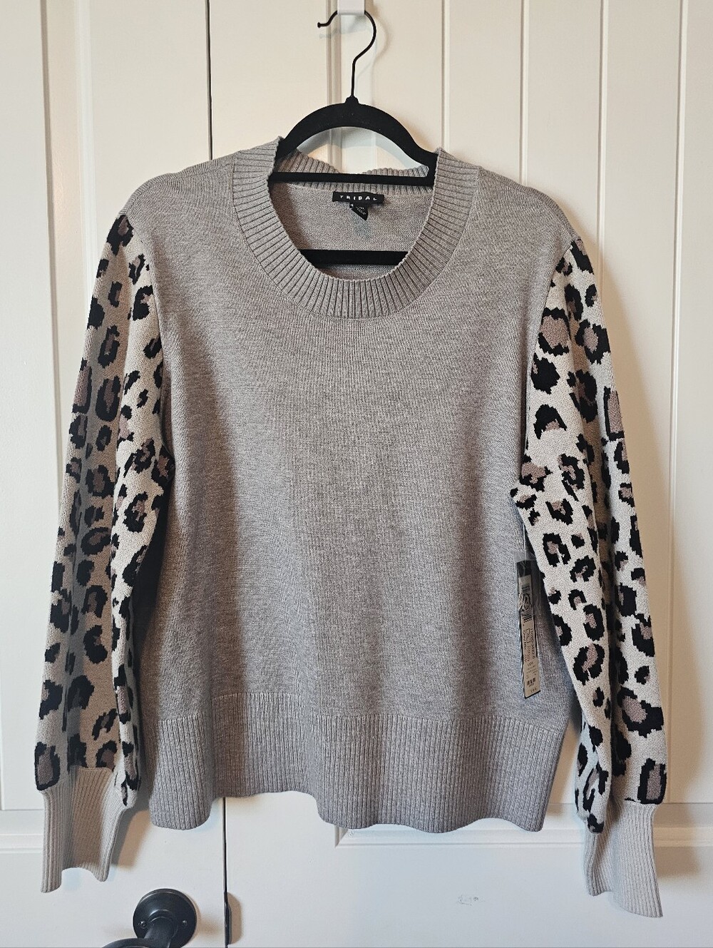 Tribal Grey Crewneck Sweater with Leopard Print Sleeves